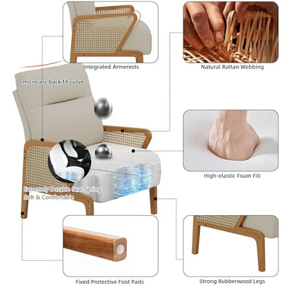 Upholstered Living Room Chairs Accent Chair Armchair, Natural Rattan Modern Slipper Club Chair Guest Reception Couch Comfy Single Sofa for Reading Bedroom-Ivory
