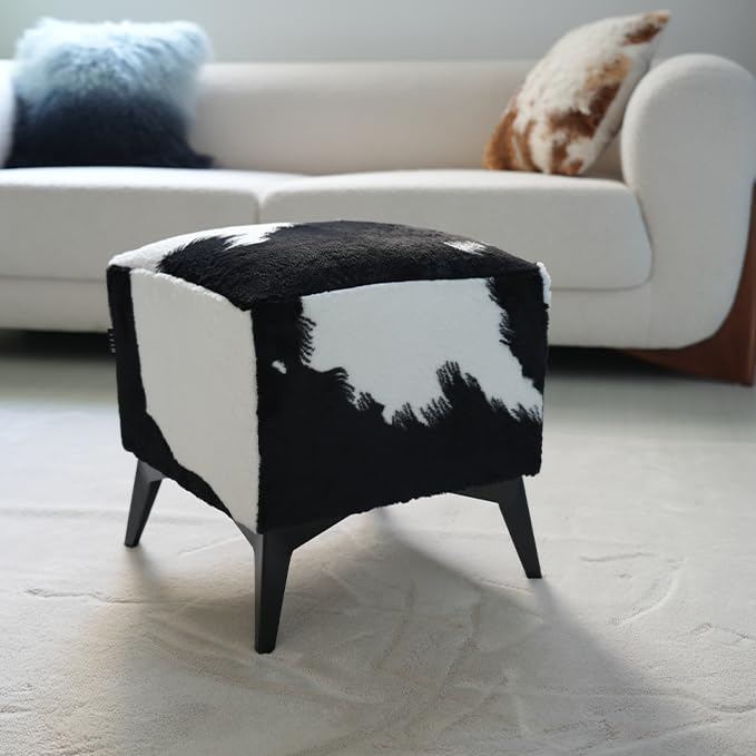 Faux Cowhide Ottoman, 16x16x17 Inch, Black White Cow Print | Upholstered Cube Foot Stool, Solid Metal Legs, Animal Print Design, Modern Farmhouse Decor for Living Room, Bedroom, Entryway