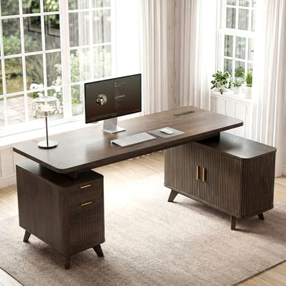 63" Farmhouse L Shaped Executive Desk, Brown, view 8