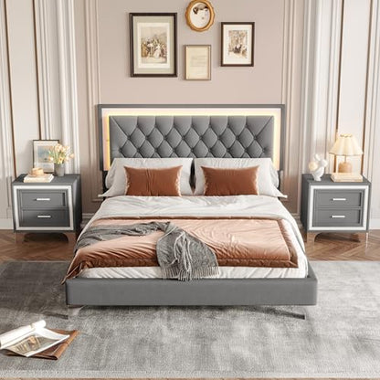 3 Pieces Bedroom Sets, Mid Century Modern Queen Size Upholstered Platform Bed Frame with Headboard, 2 Nightstands and LED Lights, Bedroom Furniture Sets (Gray)