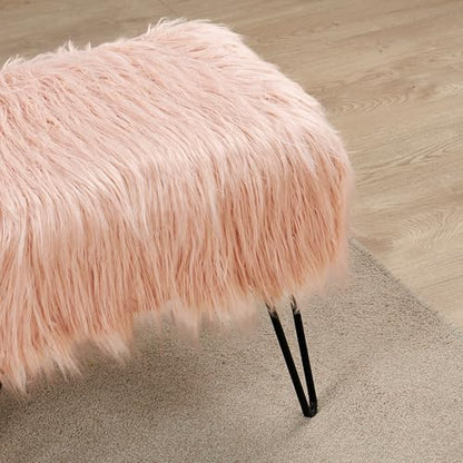 Pink Mongolian Faux Fur Ottoman, Rose, 19'' x 13'' x 17'', Cozy Plush Fluffy Ottoman Foot Rest Stool for Living Room Bedroom Entryway Makeup Bench End of Bed Home Décor