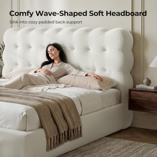 Upholstered Cloud Bed Frame Queen with Tufted Wave Headboard,Beige, view 4