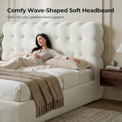 Upholstered Cloud Bed Frame Queen with Tufted Wave Headboard,Beige, view 4