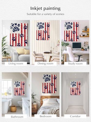 NuYeBiofx Retro Paw Prints Red Stripe Burlap Canvas Wall Art Prints,48"x32" Framed Picture Artwork 4th of July Patriotic Flag Printed Canvas Oil Painting for Living Room Bedroom Office,Ready to Hang