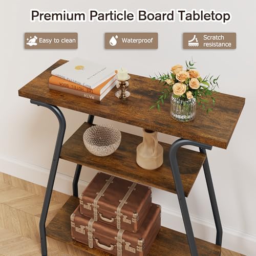 Console Table for Entryway, 3 Tier Narrow Entryway Table Open Shelves, Industrial Farmhouse Sofa Table for Hallway, Kitchen, Living Room and Bedroom, Furniture Decorative,Rustic Brown
