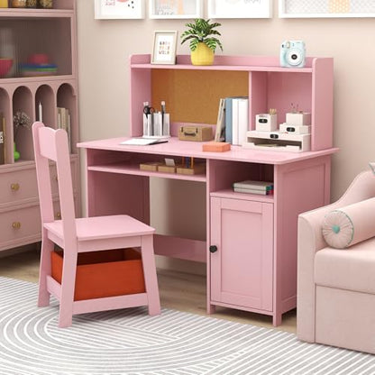 Pink Kids Desk and Chair Set, Kids Desk Chair with Storage and Shelf, Wooden Kids Table and Chairs for Bedroom and Study, Craft Table with Storage Gifts for Girls to Study