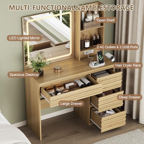 Vanity Desk with Lights, Fluted Vanity with 4 Drawers, Open Shelves, view 4