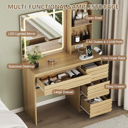 Vanity Desk with Lights, Fluted Vanity with 4 Drawers, Open Shelves, view 4