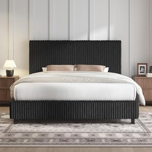 Upholstered Bed Frame, Metal Bed with Headboard, Full Black, view 2
