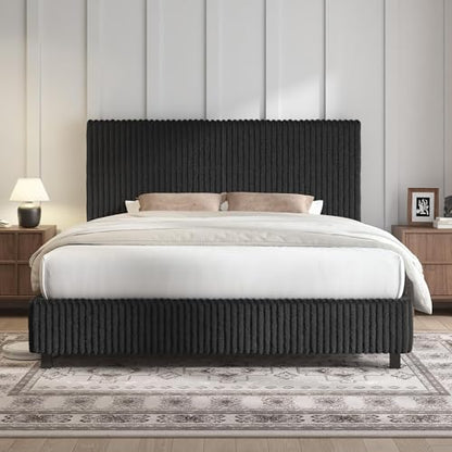 Upholstered Bed Frame, Metal Bed with Headboard, Full Black, view 2