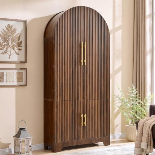 72" Tall Arched Cabinet Kitchen Pantry with 4 Doors, Fluted Storage Cabinets with 3 Adjustable Shelves & 1 Hidden Drawer & 8 Door Shelves, Versatile Cupboard for Kitchen, Dining Room, Brown
