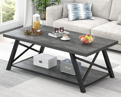 Coffee Table, Industrial Wood and Metal Center Table for Living Room, Rectangle Cocktail Tea Table with Storage Shelf, Rustic Grey, 47 Inch