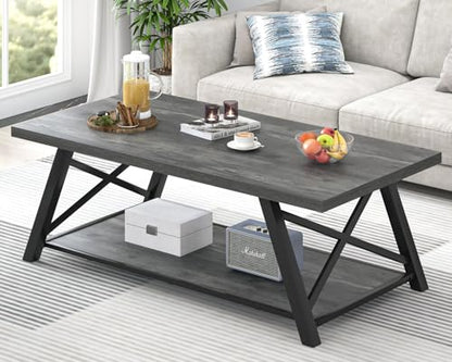 Coffee Table, Industrial Wood and Metal Center Table for Living Room, Rectangle Cocktail Tea Table with Storage Shelf, Rustic Grey, 47 Inch
