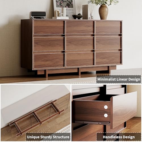 9 Drawer Walnut Dresser for Bedroom,59" Wide Mid Century Modern Dresser, view 4