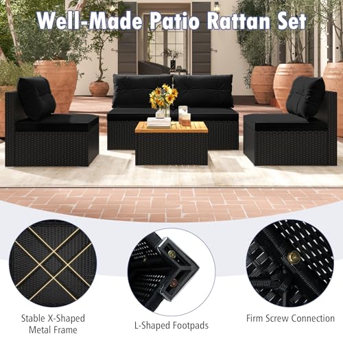 5 Pieces Wicker Patio Furniture Set, Outdoor 4 Armless Rattan Sofa & Coffee Table Set, with Cushions, Acacia Wood Tabletop, Sectional Patio Conversation Set for Lawn, Yard, Poolside, Black