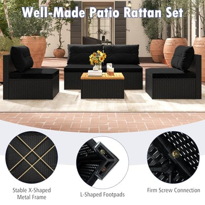 5 Pieces Wicker Patio Furniture Set, Outdoor 4 Armless Rattan Sofa & Coffee Table Set, with Cushions, Acacia Wood Tabletop, Sectional Patio Conversation Set for Lawn, Yard, Poolside, Black