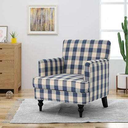 Eve Modern Upholstered Club Chair, Wooden Living Room Accent Chair, Comfy Bedroom Reading Chair, Multifunctional Armchair, Blue Checkerboard