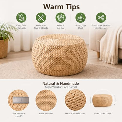 Small Straw Round Pouf Ottoman, Natural Mini Solid Wood Footrest, Boho Low Tatami Footstool for Living Room Bedroom Patio, 12.2"×12.2"×8.7", Ideal for Foot Rest