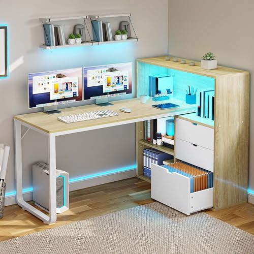 55" L Shaped Corner Desk with Bookshelf, Power & LED, Oak White, view 4
