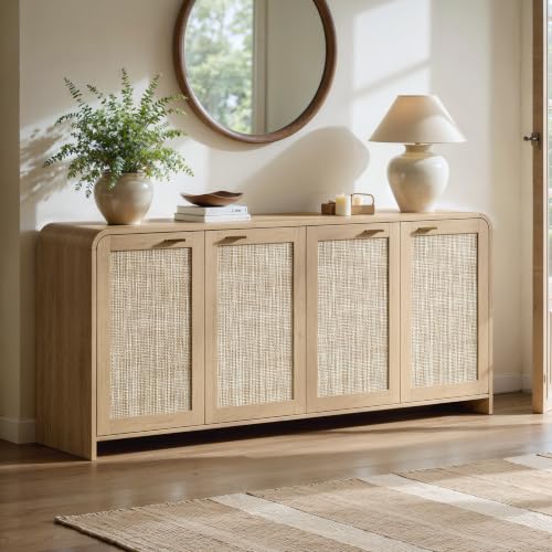 67" Rattan Sideboard Buffet Cabinet with Storage, Natural Oak, view 5