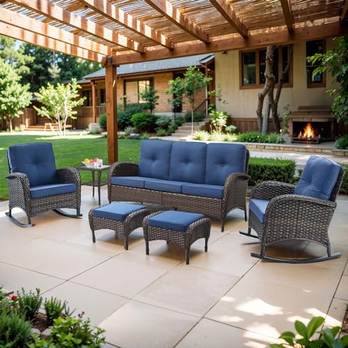 Outdoor Ottomans for Patio Foot Rest - 25 Inch PE Wicker Foot Stool Set of 2 with Removable Cushions for Patio Furniture Sets,All Weather Rattan Ottoman for Balcony Deck Backyard Brown