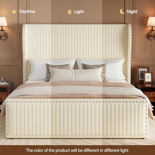 Queen Size Bed Frame with 55" Headboard Nailhead Trim Design, White, view 8