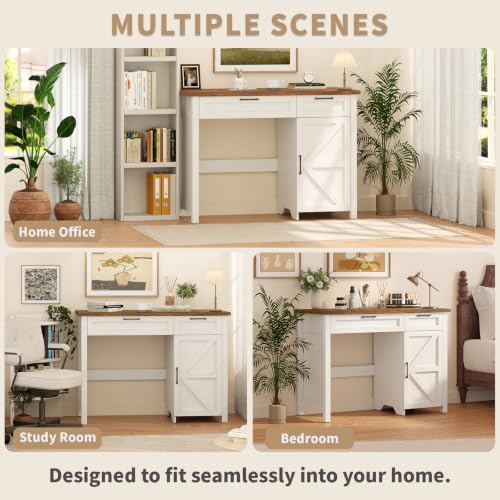Farmhouse 43.3" Computer Desk with Storage Drawers for Home Office, White, view 7