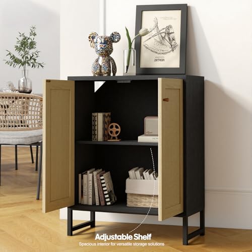 Rattan Decorated 2 Doors Storage Cabinet Accent Cabinet Living Room Cupboard Kitchen Sideboard Buffet Table (Black)
