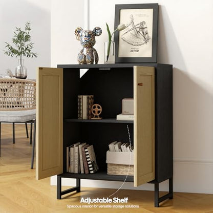 Rattan Decorated 2 Doors Storage Cabinet Accent Cabinet Living Room Cupboard Kitchen Sideboard Buffet Table (Black)