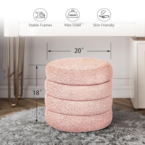 Storage Ottoman, Round Ottoman with Storage, Vanity Stool Foot Rest with Removable Lid, Round Boucle Upholstered for Living Room Pouf Footstool (Pink)