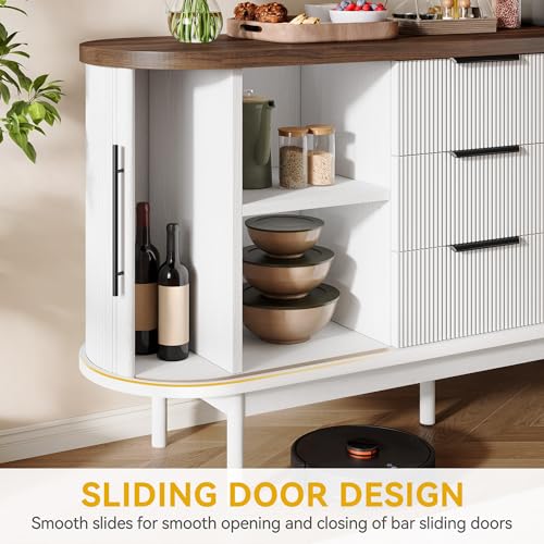 Fluted Sideboard Buffet Cabinet with Storage, White & Brown, view 6
