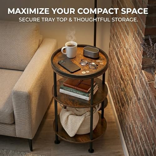 Small Round Side Table with Tray Top (Patented Design), 11.8" Narrow End Table for Small Spaces, 3-Tier Industrial Nightstand, Original Rustic Accent Furniture for Living Room Bedroom, Rustic Brown