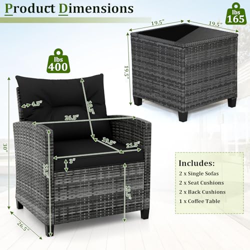 3 Piece Patio Furniture Set, Wicker Bistro Conversation Set w/2 Cushioned Armchairs & Glass Topped Table, Outdoor Rattan Sofa Set Patio Furniture for Porch Balcony Poolside (Grey-Black)