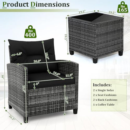 3 Piece Patio Furniture Set, Wicker Bistro Conversation Set w/2 Cushioned Armchairs & Glass Topped Table, Outdoor Rattan Sofa Set Patio Furniture for Porch Balcony Poolside (Grey-Black)