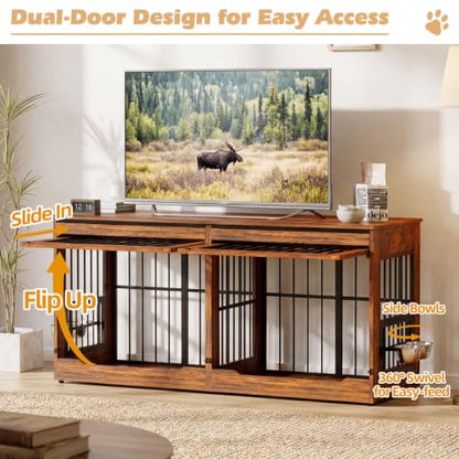 Double Dog Crate Furniture, Indoor Dog Kennel Vintage Brown, view 3