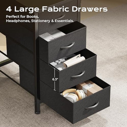 55 Inch L Shaped Desk with Fabric Drawers, Reversible Computer Gaming Desk with Power Outlets and USB-C Port, Adjustable Side Storage Shelves, for Work Study Corner Home Office, Black