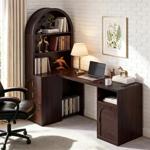 63 inch L-Shaped Desk with Arched Hutch Bookshelf, Dark Walnut, view 3