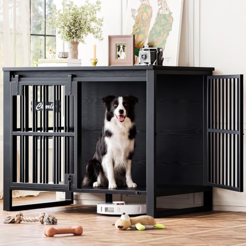 31.5" Tall Dog Crate Furniture with Sliding Barn Door, Black, view 2