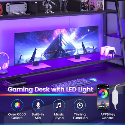 79'' Gaming Desk with LED Lights, Hutch and Storage Shelves, Black, view 7