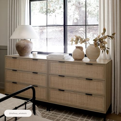 Nathan James Andrew 3-Drawer Rattan Dresser or Boheminan Living Room Storage Cabinet with Natural Rattan Accent and Metal Legs, Light Oak/Black