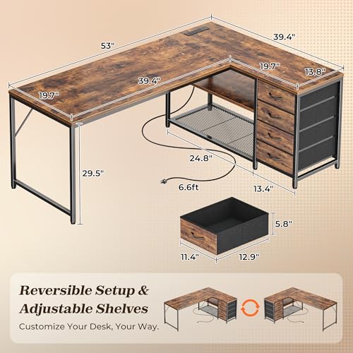 53" L Shaped Desk with Power Outlets & 4 Drawers, view 3