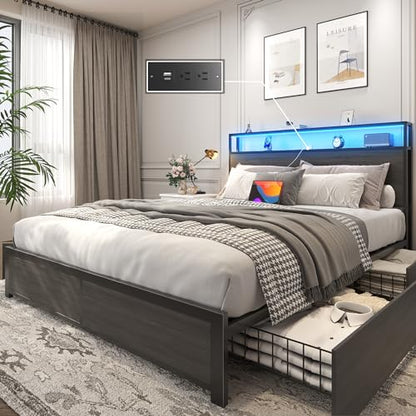 Metal Platform Bed with Storage and Charging Station, Rustic Grey, view 2