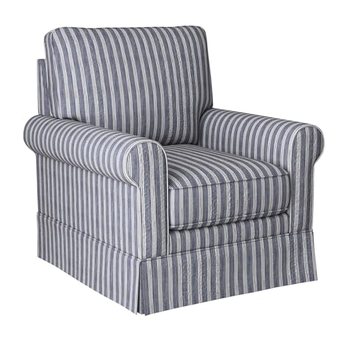 Swivel Accent Chair Linen Mid Century Modern Chair, Comfy Swivel Barrel Reading Chair, Upholstered Square Chair for Living Room Bedroom Small Spaces, Fully Assembled, Blue Stripe