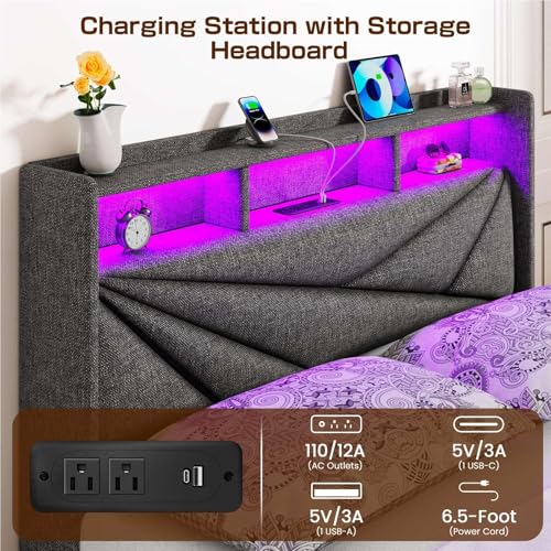 Queen Bed Frame with 4 Storage Drawers,and Led Headboard, view 5