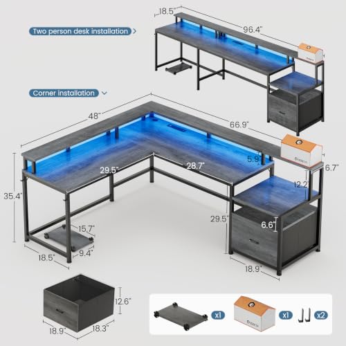 66" Reversible L Shaped Computer Desk with Power Outlet, File Drawer, view 4