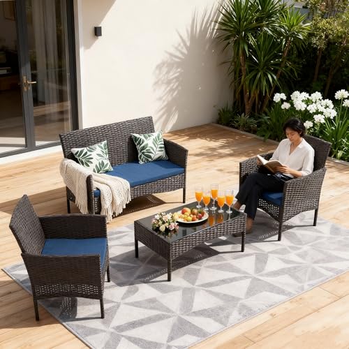 4-Piece Outdoor Patio Furniture Set, Wicker Rattan Chairs & Sofa with Cushions and Glass Coffee Table, Conversation Set for Backyard, Lawn, Porch, Pool, Garden (Navy-2)