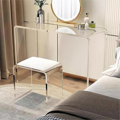 Clear Acrylic Vanity Stool with Sherpa Cushion,Modern Acrylic Side Table,Multifunctional Ottoman Foot Rest Or Makeup Room, Living Room, Bedroom Furniture(16.1" W x 11.4" D x 17.7" H, White B)