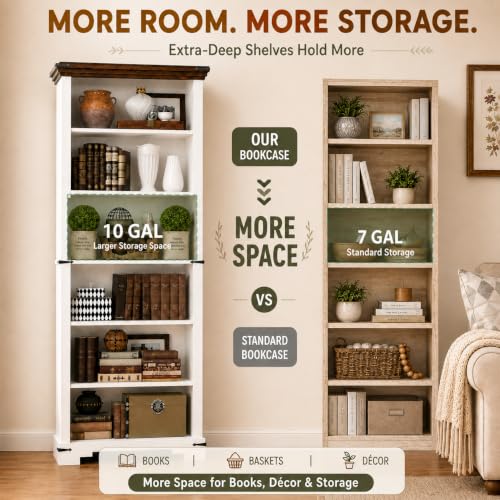 6-Tier Farmhouse Bookshelf, 73 inch Tall Bookcase with 2 Adjustable Shelves, view 6