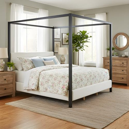 King Canopy Bed with Black Metal Frame and Plush White Bouclé Upholstery, view 5