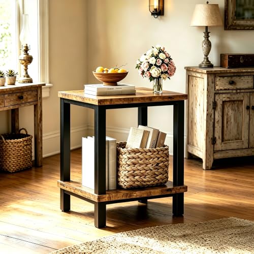 Large End Table Square Side Table Modern Sofa Table 20 Inch Industrial Coffee Table NightStand with 2-Tier Storage Shelf for Living Room Bedroom Rustic Brown MLBZ06R